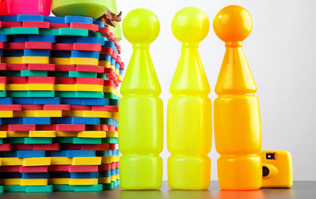 Stack of colorful plastic toys