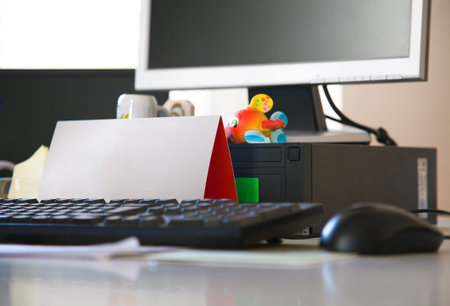 Detail fo desktop with blank card for your textの写真素材