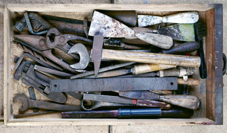 Set of used hand tools, vintage background with old tools (vintage effect)の写真素材