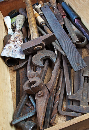 Set of used hand tools, vintage background with old tools