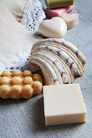 Handmade soaps, towel with lace, shell (concept of relax)