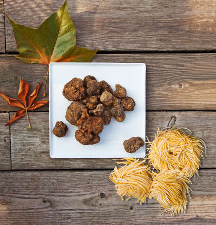 Group of Italian white truffles and homemade pastaの写真素材