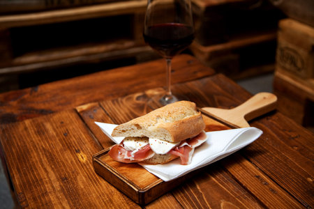 Ham and mozzarella sandwich on a wood chopping board. Selective focus.