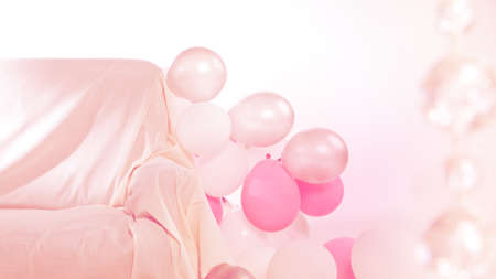 Interior with white and pink balloons and sofa (background for party)の写真素材