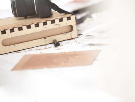 Detail of working, table. Background for artist, photographer, creative, with space for your logo or text. Pastel colorの写真素材