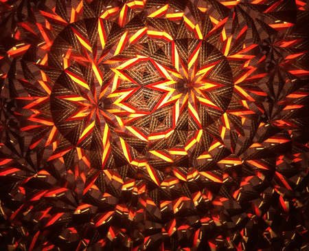 Abstract background.  Real shooting done with a kaleidoscope. Main colors: yellow, red, orange, brown. Ethnic motif.の写真素材