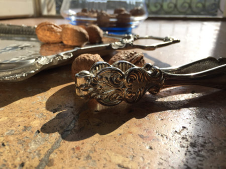 Detail of old nutcracker with walnuts.