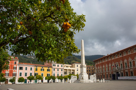 Massa Carrara, Italy - 16, September, 2021. Piazza degli Aranci. Downtown of Massa Carrara in Tuscanyのeditorial素材