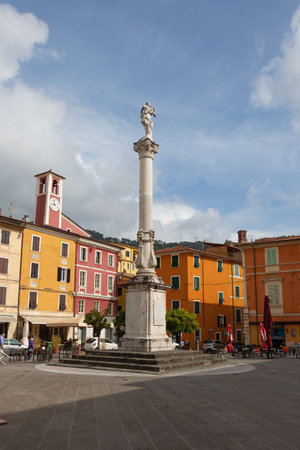 Massa Carrara, Italy - 16 September 2021- Piazza Mercurio, with the staute of the god Mercury, in the center of the square.のeditorial素材