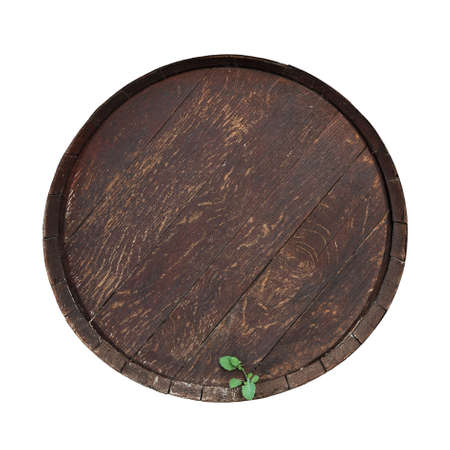 Old wooden barrel with green leaves isolated on white.の写真素材
