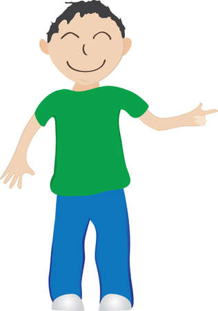 Illustration cartoon boy, blue pants, green shirt, pointingのイラスト素材