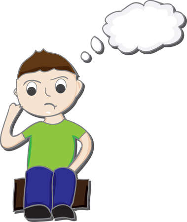 Cartoon illustration of a boy sitting on a box thinkingのイラスト素材