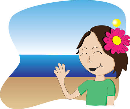 Hawaiian girl with flower waving from a beachのイラスト素材