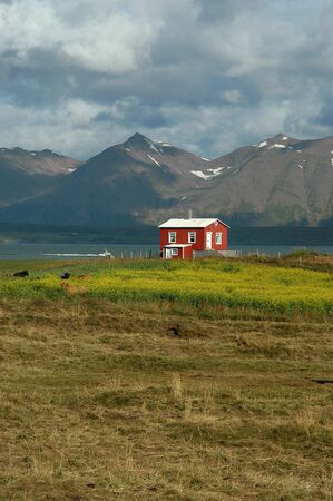 Red house on Iceland's coastの写真素材