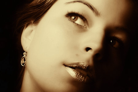 Beautiful woman closeup. Retro art photoの写真素材