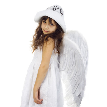 Portrait of beautiful girl with angel's wings on white backgroundの写真素材