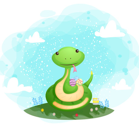 Cute mom snake with decorative eggs happy easter dayのイラスト素材
