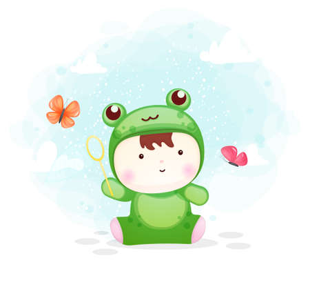 Cute baby boy in frog costume catching butterflyのイラスト素材