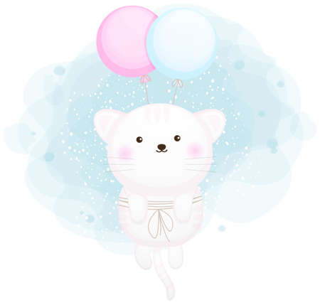 Cute little kitty flying with balloon Premium Vectorのイラスト素材