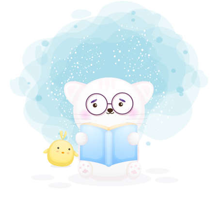 Cute kitty and chicks read book cartoon character Premium Vectorのイラスト素材