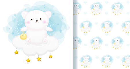 Cute kitty with chicks sitting on the cloud seamless pattern Premium Vectorのイラスト素材