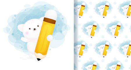 Cute kitty holding pencil seamless pattern cartoon character Premium Vectorのイラスト素材