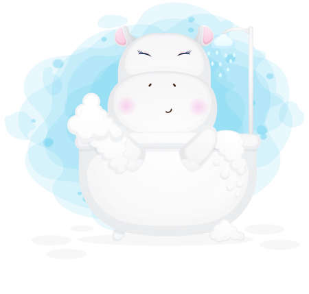 Cute hippo in the bathtub cartoon illustration Premium Vectorのイラスト素材