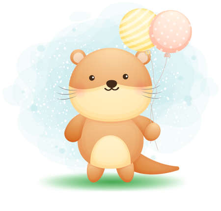 Cute doodle otter holding balloons cartoon character Premium Vector Perfect for merchandise, birthdayのイラスト素材