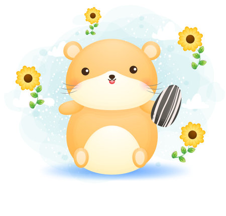 Cute doodle hamster holding sunflower seed cartoon character Premium Vector Perfect for merchandiseのイラスト素材