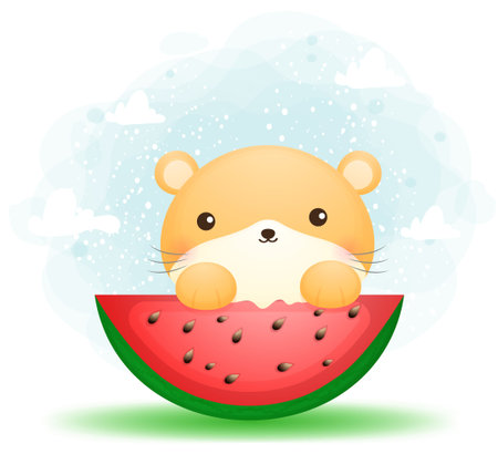 Cute doodle mom hamster eat watermelon cartoon character Premium Vector Perfect for merchandiseのイラスト素材