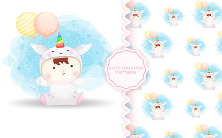 Cute doodle baby in unicorn costume and seamless pattern Premium Vectorのイラスト素材