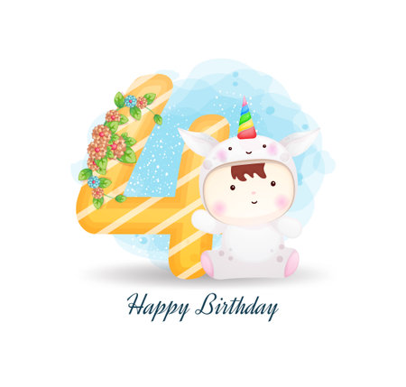 Cute four doodle numbering and baby in unicorn costume Premium Vectorのイラスト素材