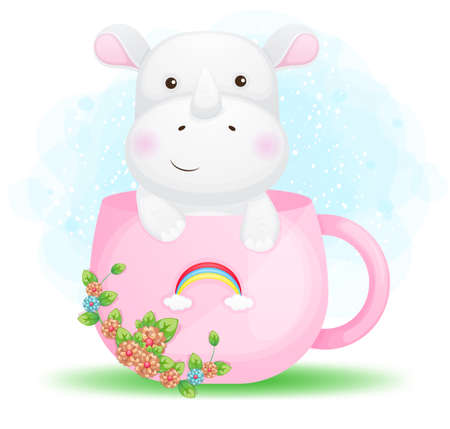 Cute doodle little rhino in the pink cup cartoon character Premium Vectorのイラスト素材