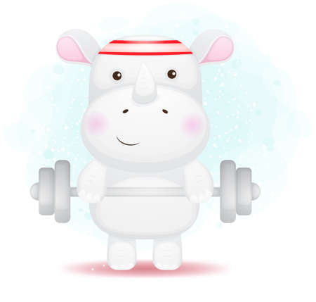 Cute doodle little rhino working out with barbell illustration cartoon character Premium Vectorのイラスト素材