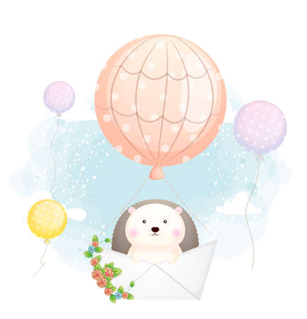Cute doodle baby hedgehog flying with paper boat Premium Vectorのイラスト素材