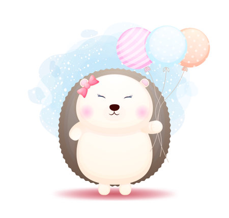Cute doodle baby hedgehog holding balloons cartoon character Premium Vectorのイラスト素材