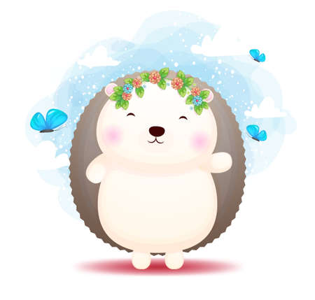 Cute doodle baby hedgehog playing with butterfly cartoon character Premium Vectorのイラスト素材