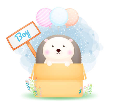 Cute doodle hedgehog boy in the box cartoon character Premium Vectorのイラスト素材
