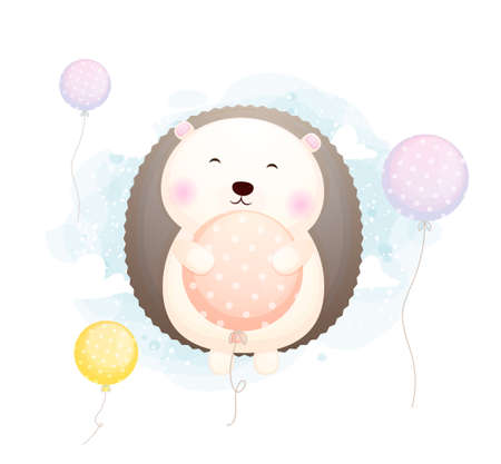 Cute doodle baby hedgehog hug and flying with balloon cartoon character Premium Vectorのイラスト素材