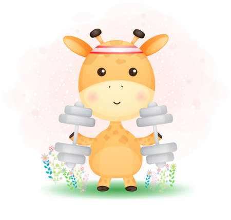Cute doodle baby giraffe work out and holding dumbbell Premium Vector Perfect for merchandise, etcのイラスト素材