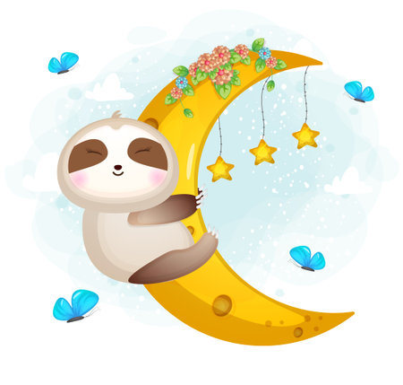 Cute doodle sloth hugging moon cartoon character Premium Vectorのイラスト素材