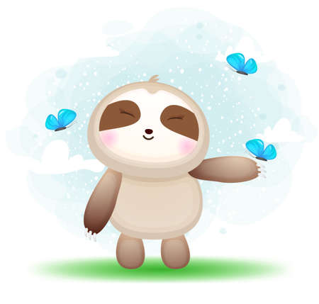 Cute doodle sloth playing with butterfly on the grass cartoon character Premium Vectorのイラスト素材