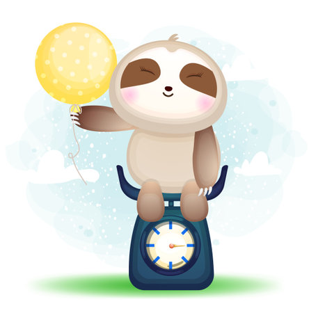Cute doodle sloth sit on a weigher cartoon character Premium Vectorのイラスト素材