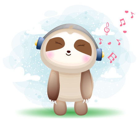 Cute happy doodle sloth listening music cartoon character Premium Vectorのイラスト素材