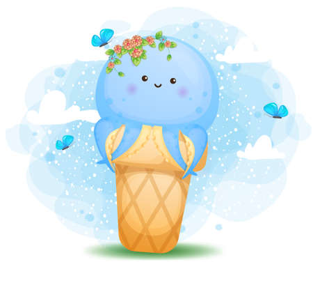 Cute doodle baby octopus inside ice cream cone cartoon character Premium Vectorのイラスト素材