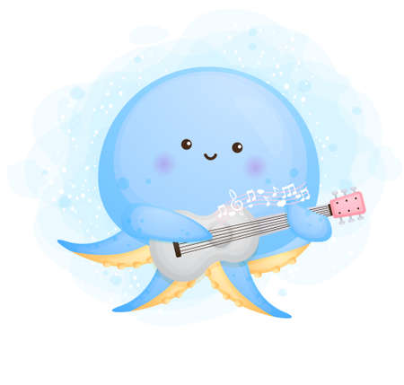 Cute doodle baby octopus playing a guitar cartoon character Premium Vectorのイラスト素材
