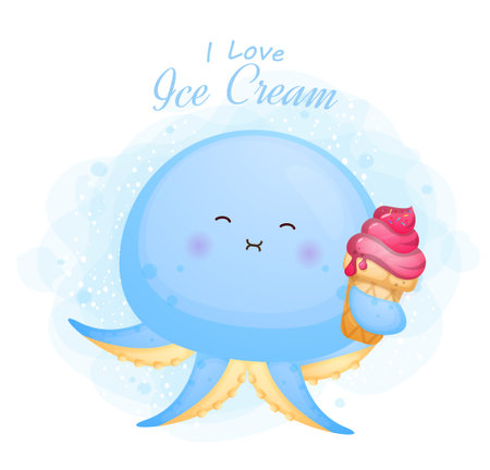 Cute doodle baby octopus holding ice cream and i love ice cream text cartoon character Premium Vectorのイラスト素材