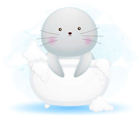 Cute doodle walrus in the bathtub cartoon illustration. Premium Vectorのイラスト素材