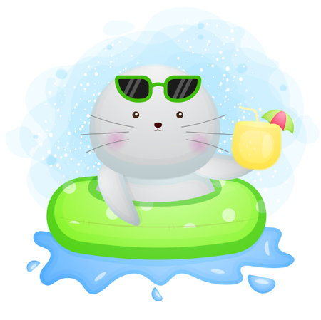 Cute doodle walrus with a Swimming buoy and holding fresh juice cartoon character Premium Vectorのイラスト素材