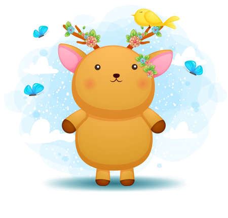 Cute doodle baby deer with floral Premium Vectorのイラスト素材